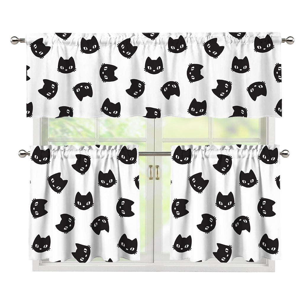 Black And White Cat Pattern Print 3 Piece Kitchen Curtains