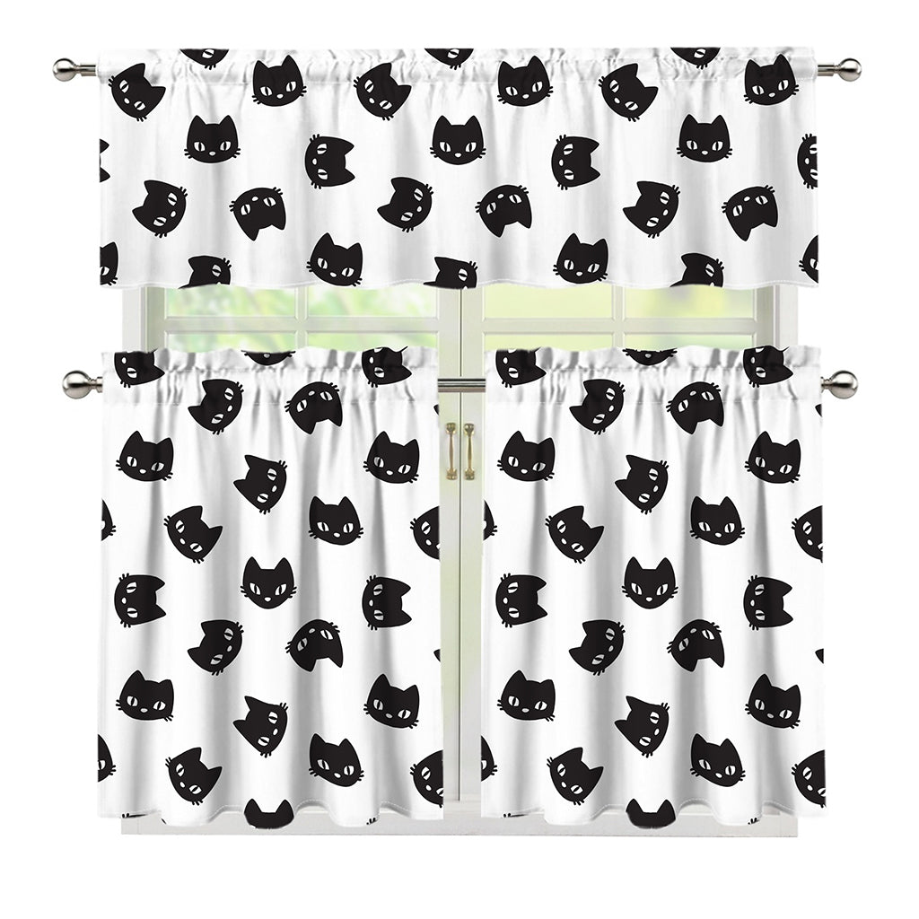 Black And White Cat Pattern Print 3 Piece Kitchen Curtains
