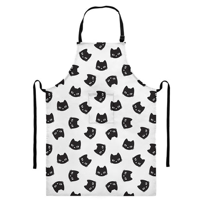 Black And White Cat Pattern Print Bib Apron With Pocket