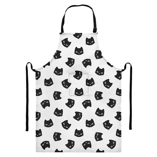 Black And White Cat Pattern Print Bib Apron With Pocket
