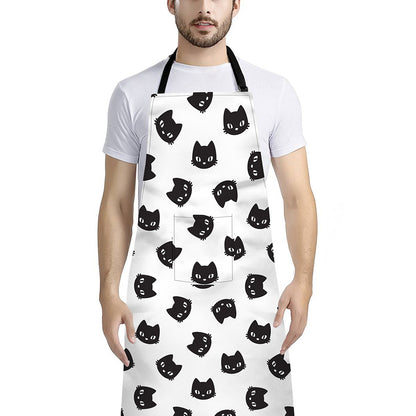Black And White Cat Pattern Print Bib Apron With Pocket