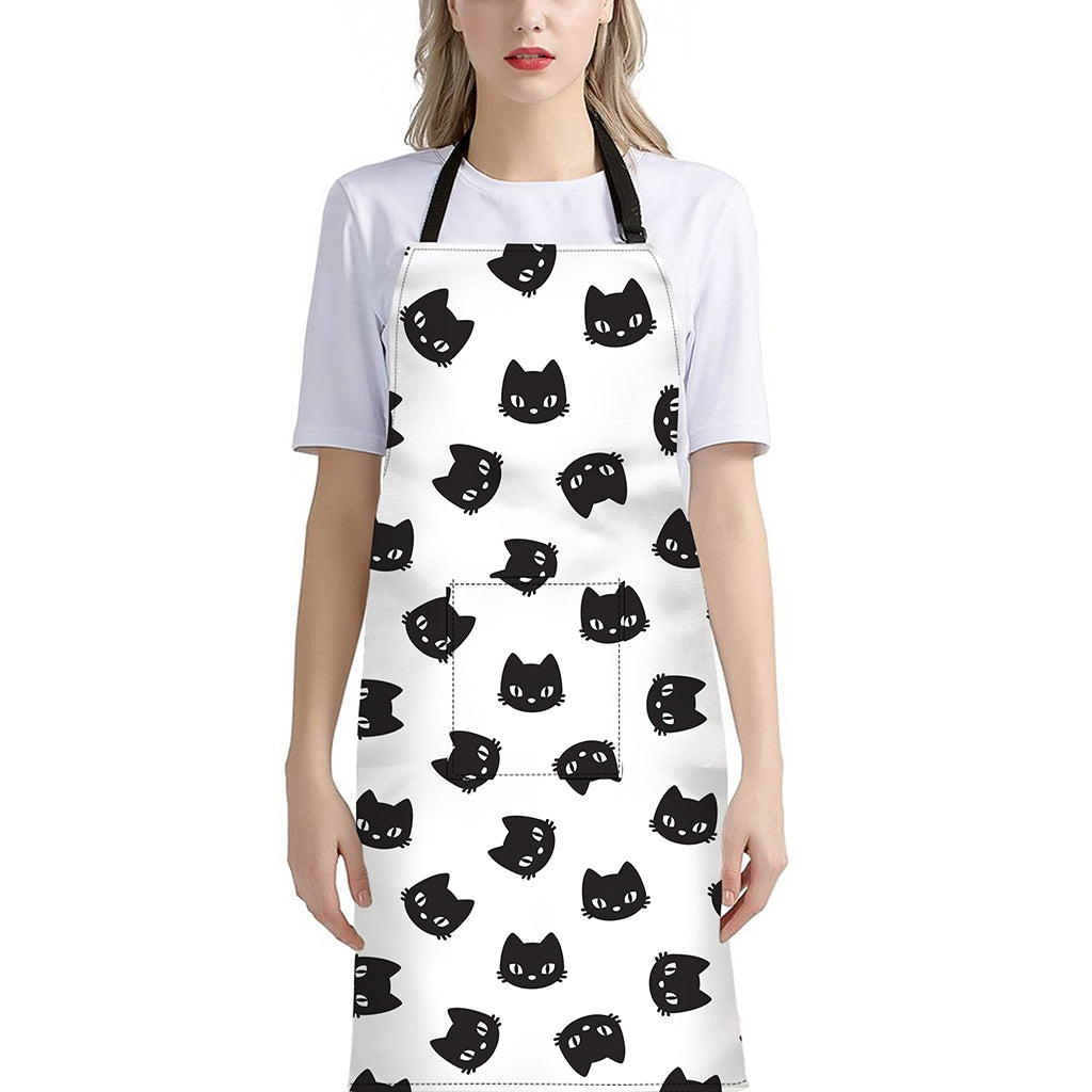Black And White Cat Pattern Print Bib Apron With Pocket