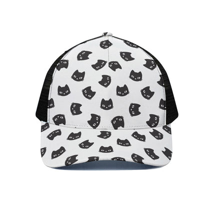 Black And White Cat Pattern Print Black Mesh Trucker Cap