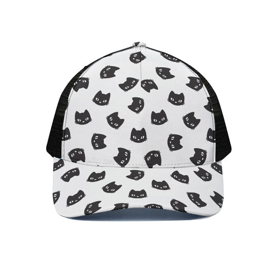 Black And White Cat Pattern Print Black Mesh Trucker Cap