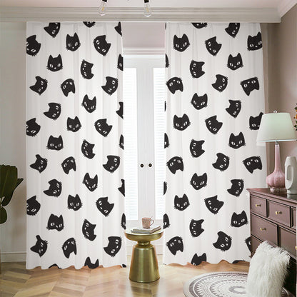 Black And White Cat Pattern Print Blackout Pencil Pleat Curtains
