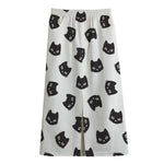 Black And White Cat Pattern Print Cotton Front Slit Maxi Skirt