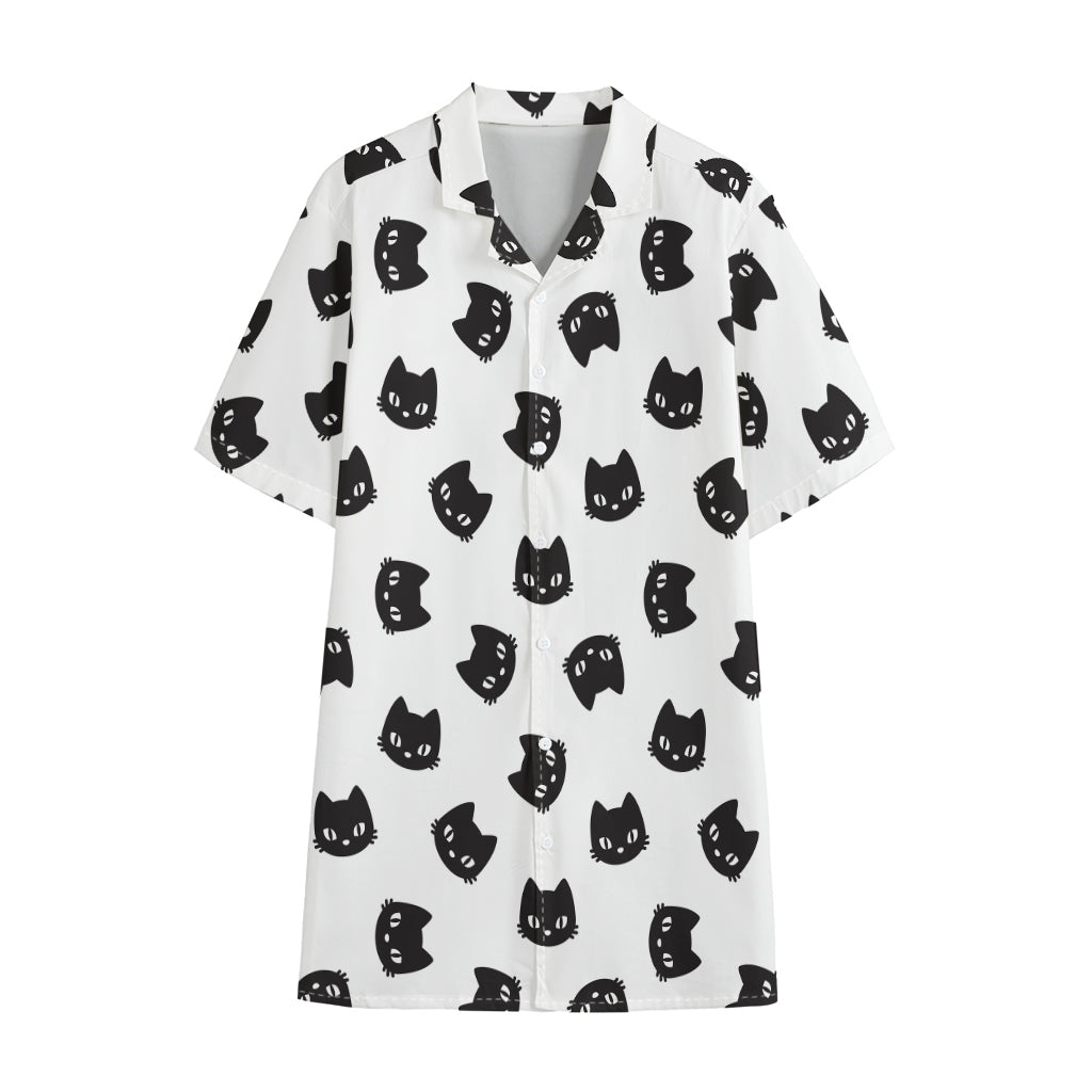 Black And White Cat Pattern Print Cotton Hawaiian Shirt
