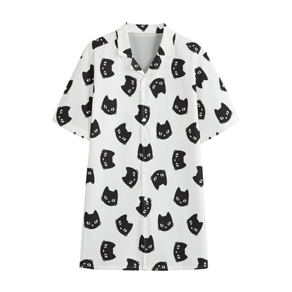 Black And White Cat Pattern Print Cotton Hawaiian Shirt
