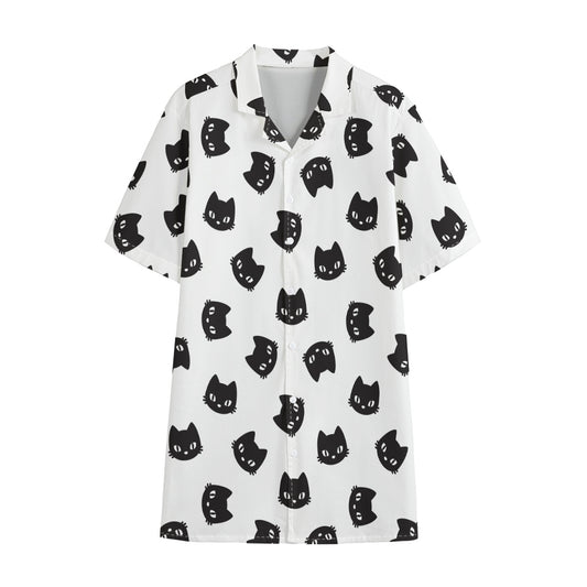 Black And White Cat Pattern Print Cotton Hawaiian Shirt