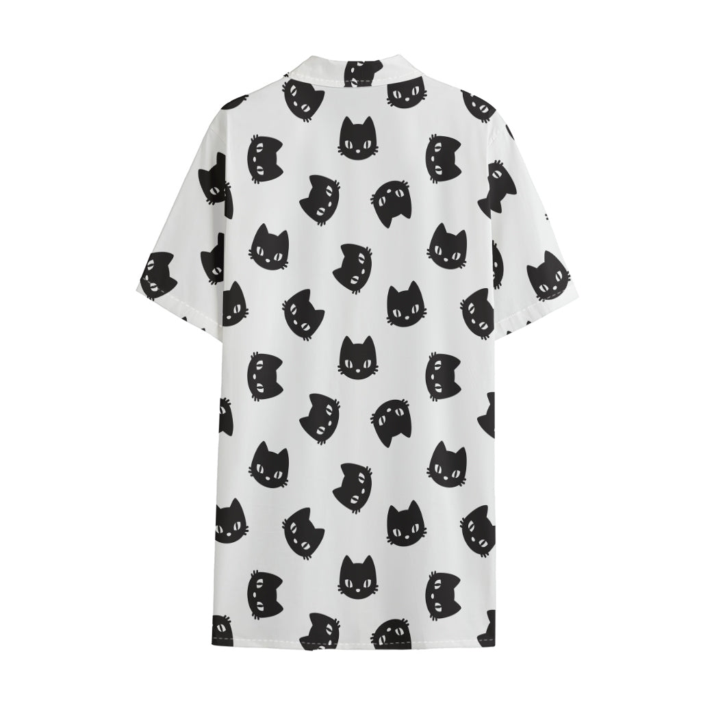 Black And White Cat Pattern Print Cotton Hawaiian Shirt