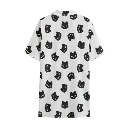 Black And White Cat Pattern Print Cotton Hawaiian Shirt