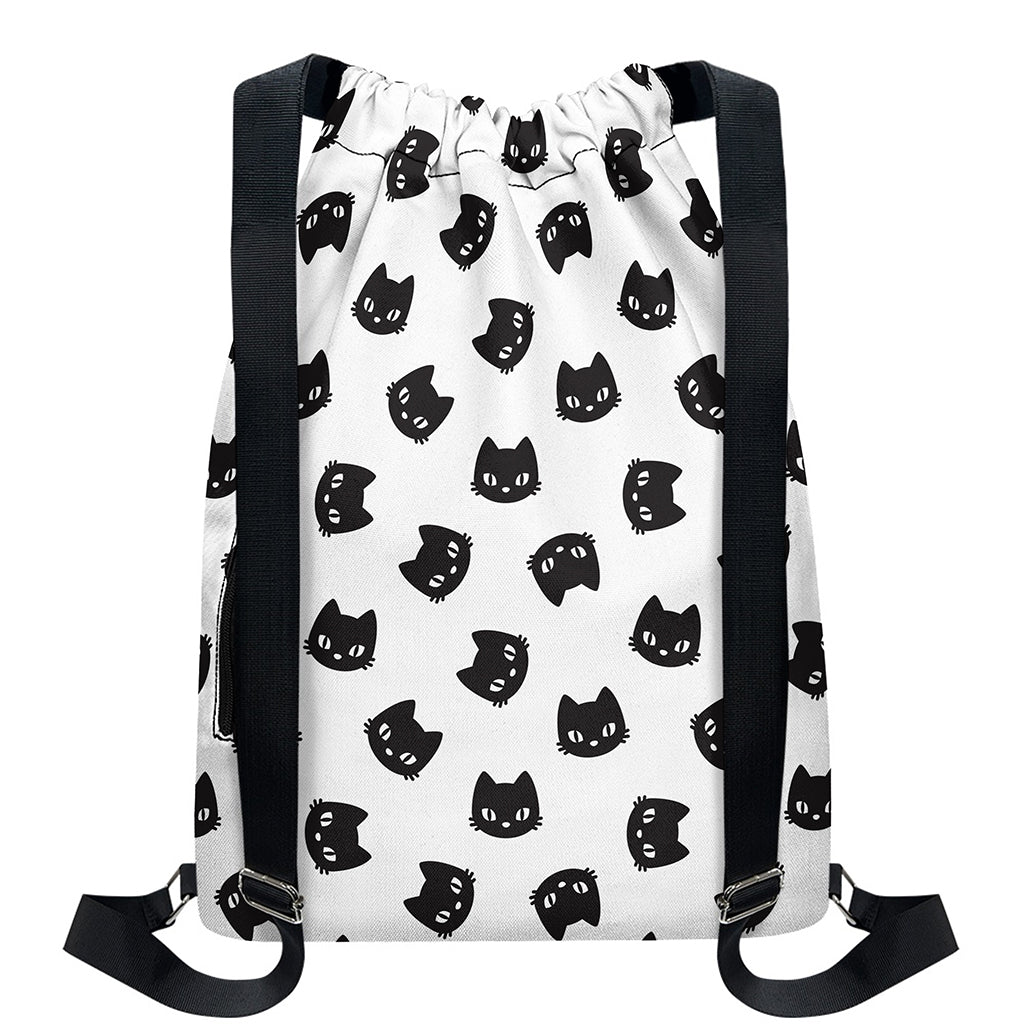 Black And White Cat Pattern Print Drawstring Backpack
