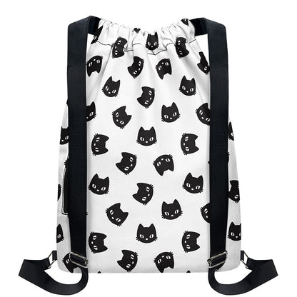 Black And White Cat Pattern Print Drawstring Backpack