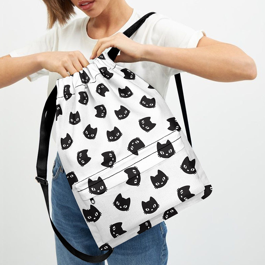 Black And White Cat Pattern Print Drawstring Backpack