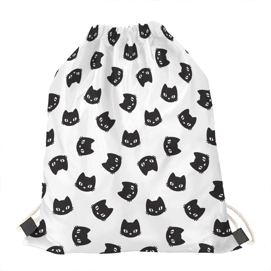 Black And White Cat Pattern Print Drawstring Bag