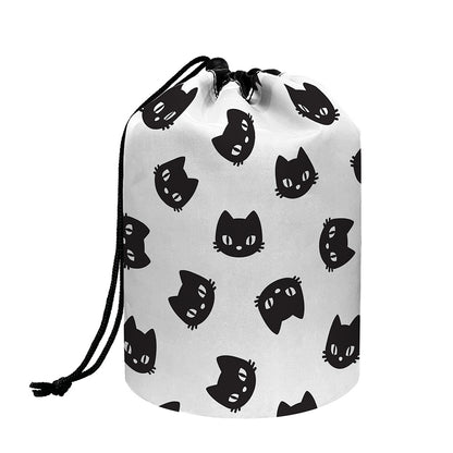 Black And White Cat Pattern Print Drawstring Makeup Bag