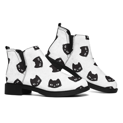 Black And White Cat Pattern Print Flat Ankle Boots