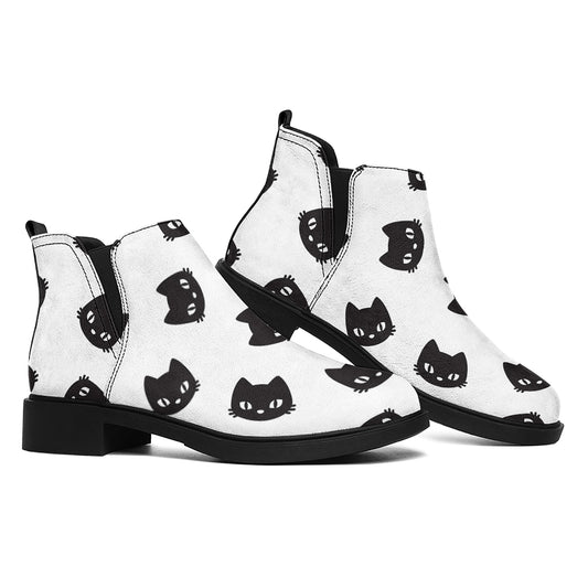 Black And White Cat Pattern Print Flat Ankle Boots
