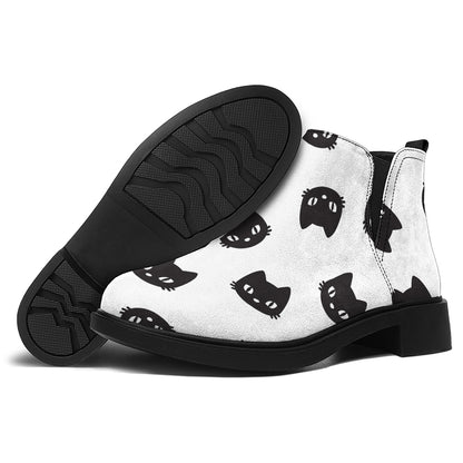 Black And White Cat Pattern Print Flat Ankle Boots