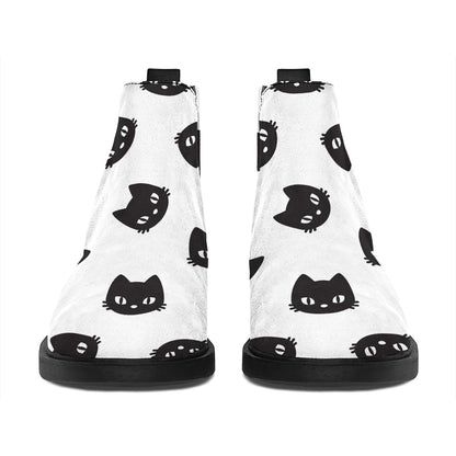 Black And White Cat Pattern Print Flat Ankle Boots