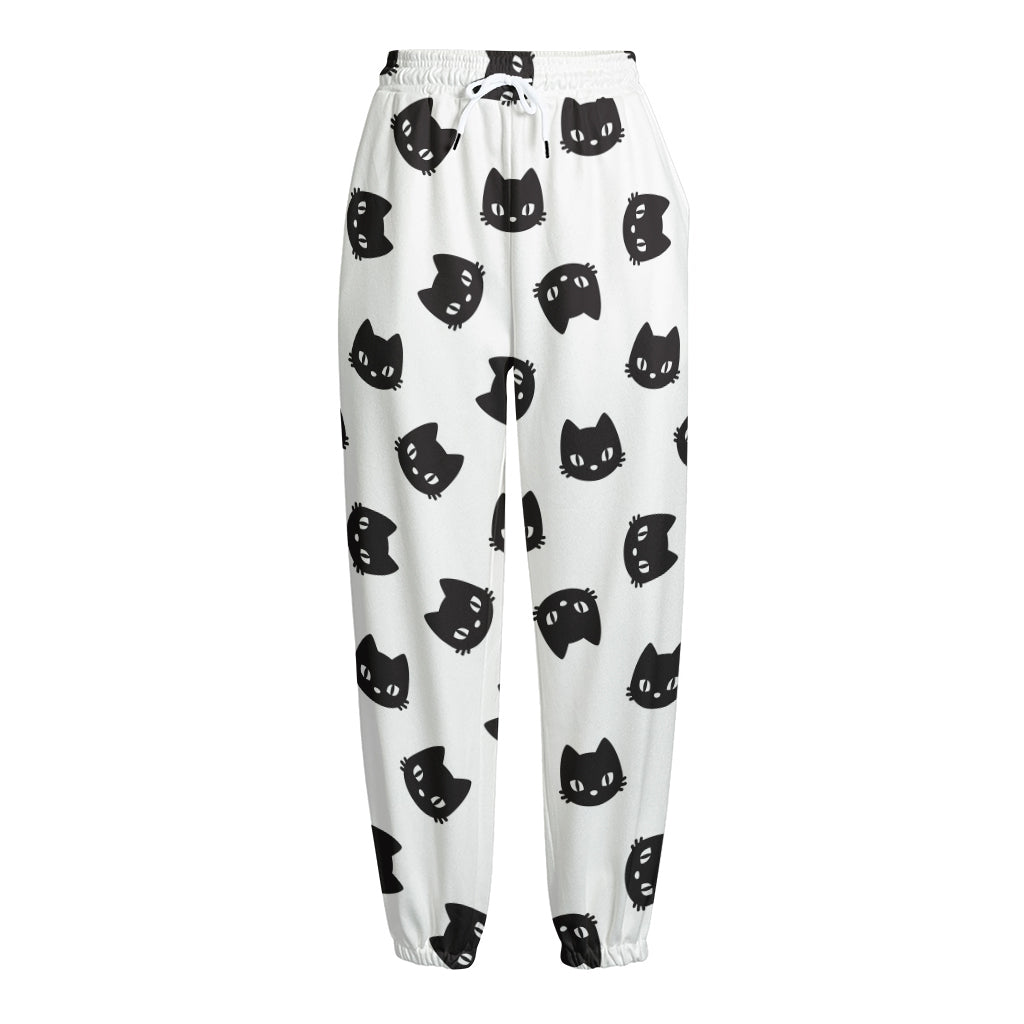 Black And White Cat Pattern Print Fleece Lined Knit Pants