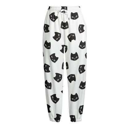 Black And White Cat Pattern Print Fleece Lined Knit Pants