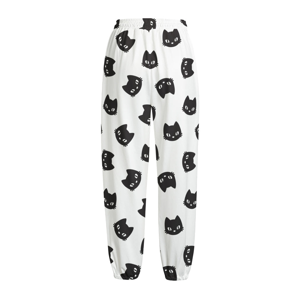 Black And White Cat Pattern Print Fleece Lined Knit Pants