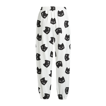 Black And White Cat Pattern Print Fleece Lined Knit Pants