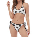 Black And White Cat Pattern Print Halter Scoop Tie Side Bikini