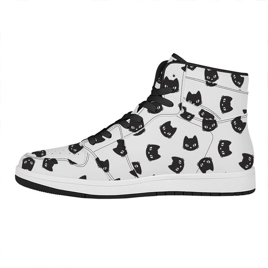 Black And White Cat Pattern Print High Top Leather Sneakers