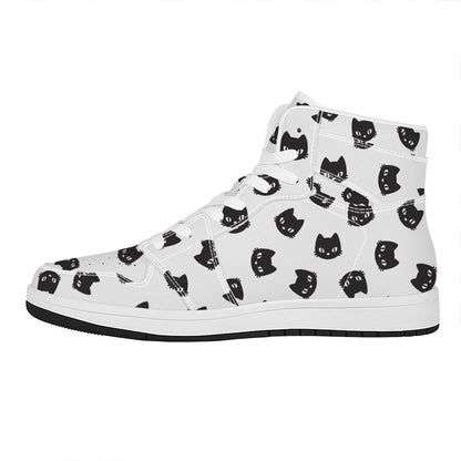 Black And White Cat Pattern Print High Top Leather Sneakers