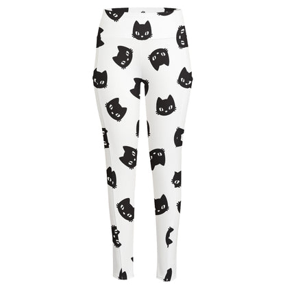 Black And White Cat Pattern Print High-Waisted Pocket Leggings