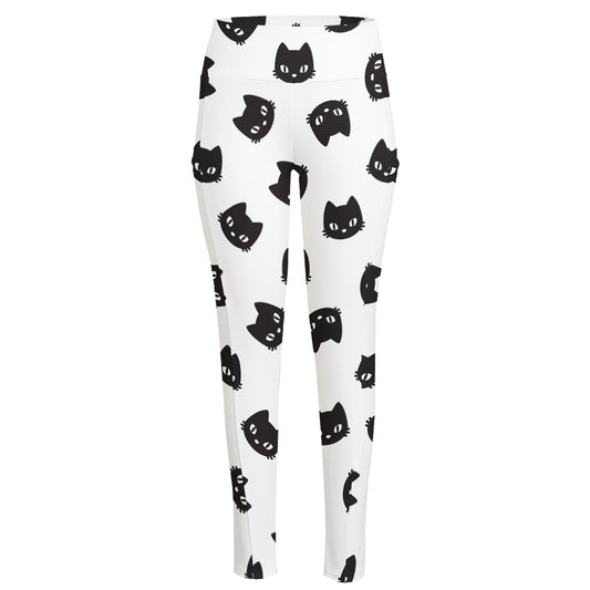 Black And White Cat Pattern Print High-Waisted Pocket Leggings