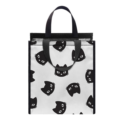 Black And White Cat Pattern Print Insulated Lunch Tote