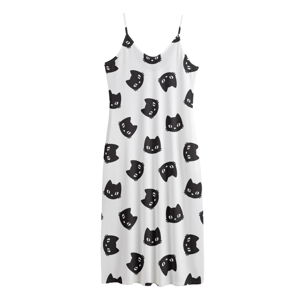 Black And White Cat Pattern Print Jersey Midi Cami Dress