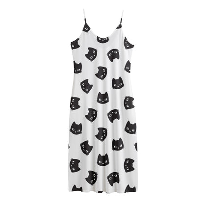 Black And White Cat Pattern Print Jersey Midi Cami Dress