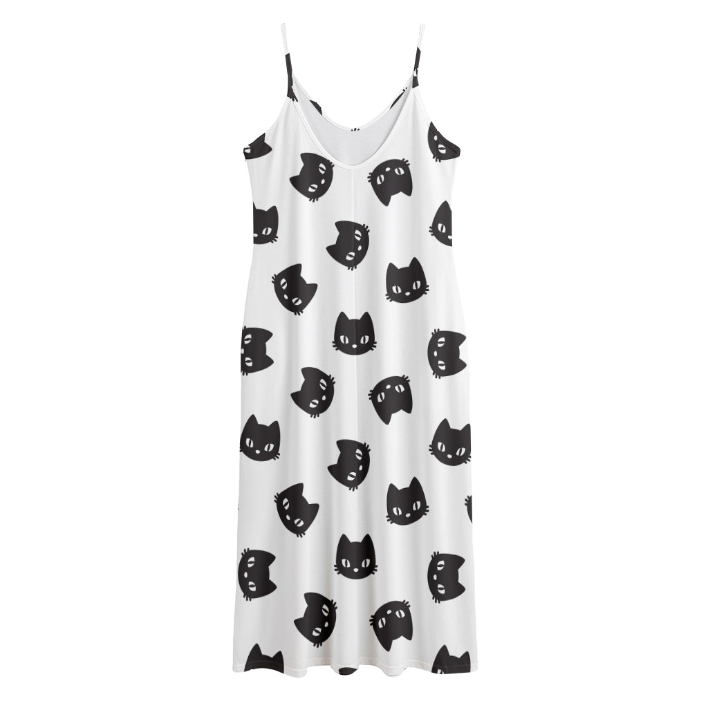Black And White Cat Pattern Print Jersey Midi Cami Dress