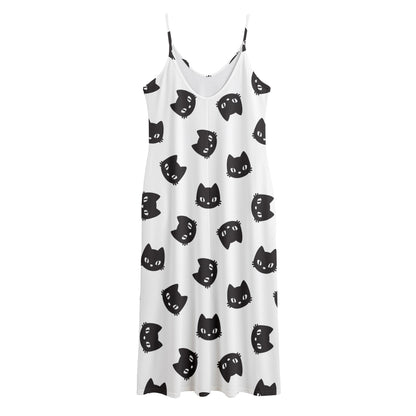 Black And White Cat Pattern Print Jersey Midi Cami Dress