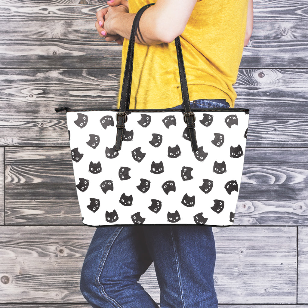 Black And White Cat Pattern Print Leather Tote Bag