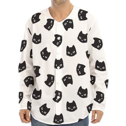 Black And White Cat Pattern Print Long Sleeve Baseball Jersey