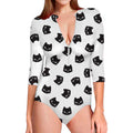 Black And White Cat Pattern Print Long Sleeve Swimsuit