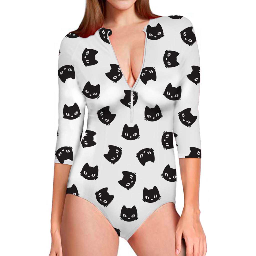 Black And White Cat Pattern Print Long Sleeve Swimsuit