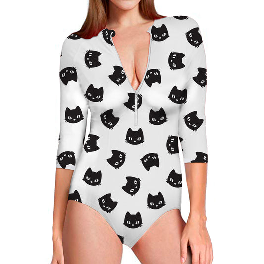Black And White Cat Pattern Print Long Sleeve Swimsuit