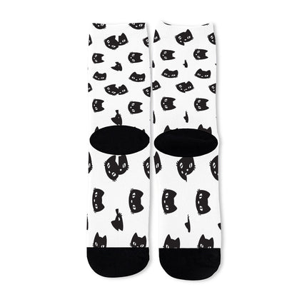 Black And White Cat Pattern Print Long Socks
