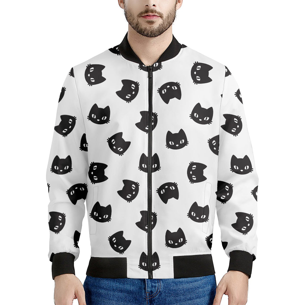 Black And White Cat Pattern Print Men's Bomber Jacket