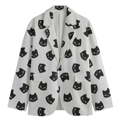 Black And White Cat Pattern Print Men's Cotton Blazer