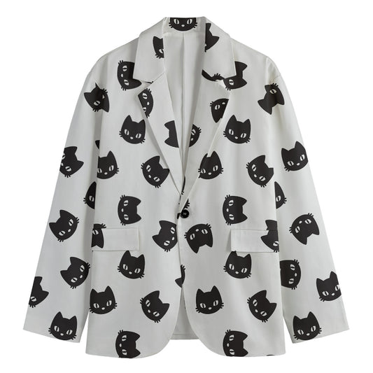 Black And White Cat Pattern Print Men's Cotton Blazer