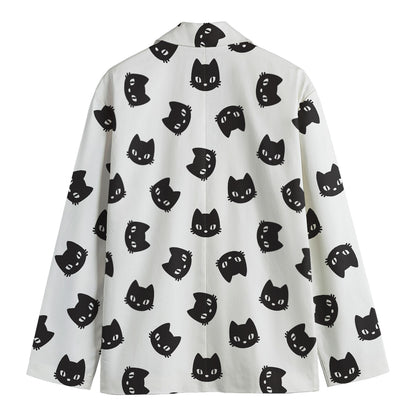 Black And White Cat Pattern Print Men's Cotton Blazer