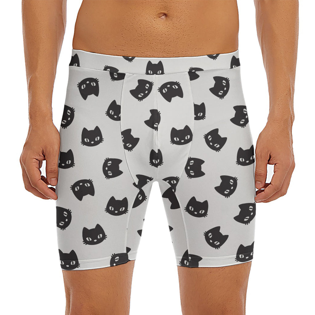 Black And White Cat Pattern Print Men's Long Boxer Briefs