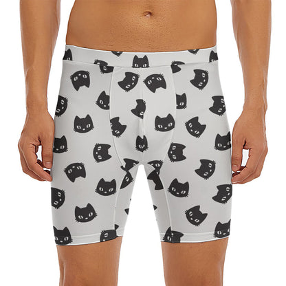 Black And White Cat Pattern Print Men's Long Boxer Briefs